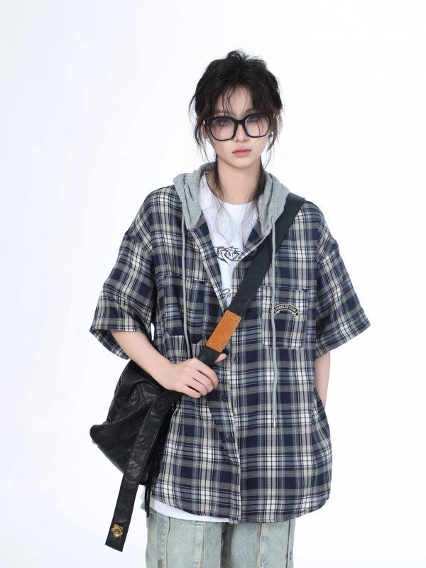 Summer Loose Plaid Hooded Short-Sleeve Shirt for Women - Casual Chic Style
