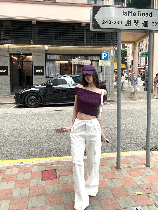 Summer Love Confession One-Shoulder Knitted Top for Women, Thin Purple Sweet Desire T-Shirt, Perfect for 90s Inspired Summer Style