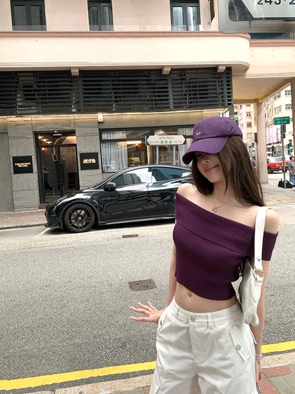 Summer Love Confession One-Shoulder Knitted Top for Women, Thin Purple Sweet Desire T-Shirt, Perfect for 90s Inspired Summer Style