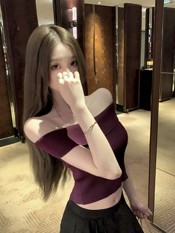 Summer Love Confession One-Shoulder Knitted Top for Women, Thin Purple Sweet Desire T-Shirt, Perfect for 90s Inspired Summer Style