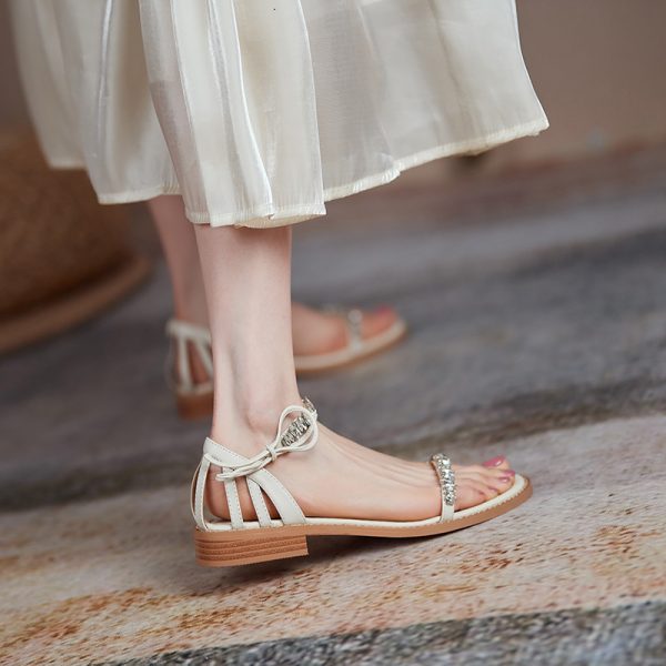 Summer Low-Heeled Flat Sandals for Women - One-Strap Design, Forest Style, Fairy Vibe, Slimming Fit with Water Diamonds