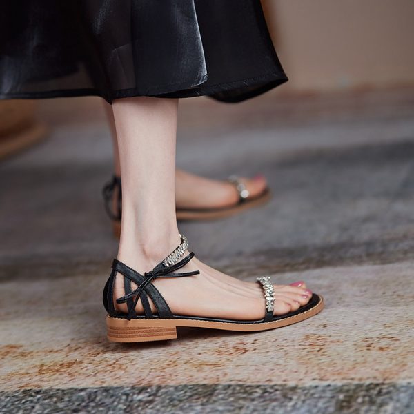 Summer Low-Heeled Flat Sandals for Women - One-Strap Design, Forest Style, Fairy Vibe, Slimming Fit with Water Diamonds