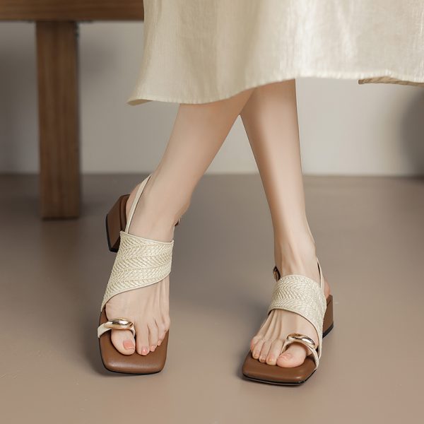 Summer Mid-Heel Slip-On Sandals for Women - Square Toe Woven Minimalist One-Strap Vacation Style Footwear