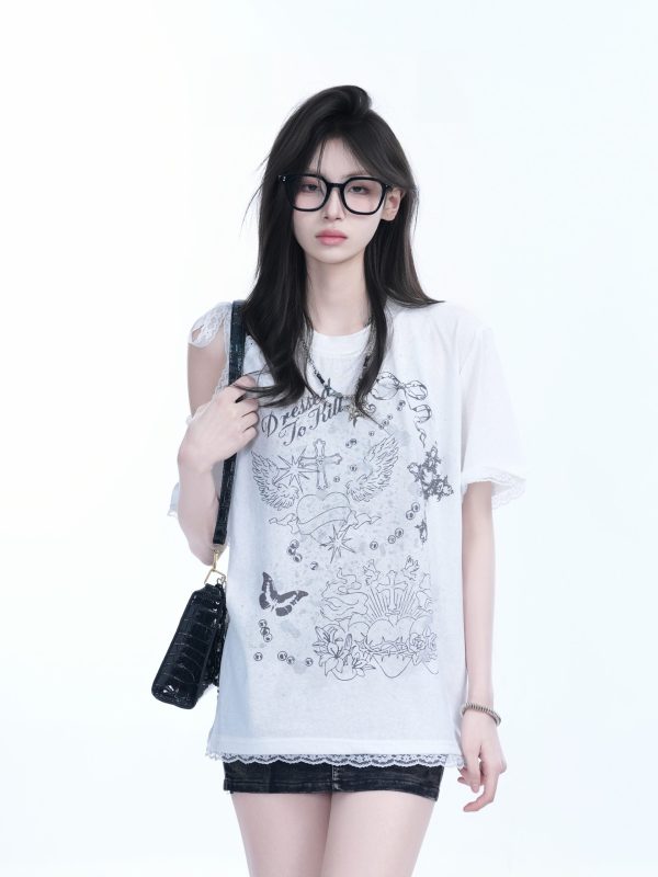 Summer Off-Shoulder Lace Spliced Short Sleeve T-Shirt for Women - Sweet Loose Fit, Trendy Ins Style, Perfect for 90s Y2K Looks