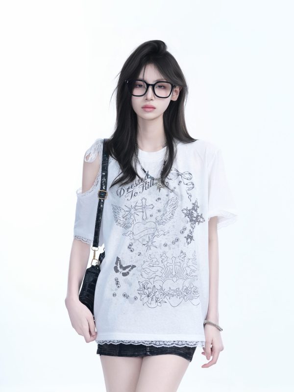 Summer Off-Shoulder Lace Spliced Short Sleeve T-Shirt for Women - Sweet Loose Fit, Trendy Ins Style, Perfect for 90s Y2K Looks