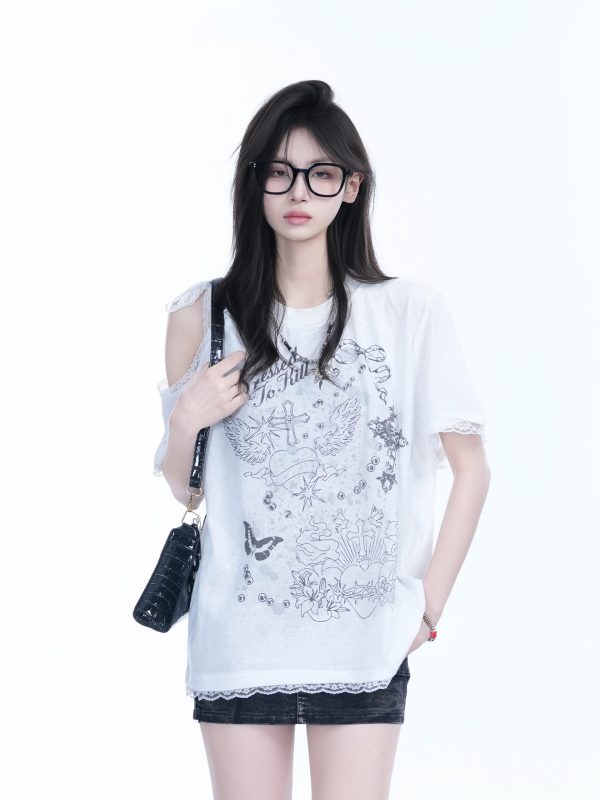 Summer Off-Shoulder Lace Spliced Short Sleeve T-Shirt for Women - Sweet Loose Fit, Trendy Ins Style, Perfect for 90s Y2K Looks