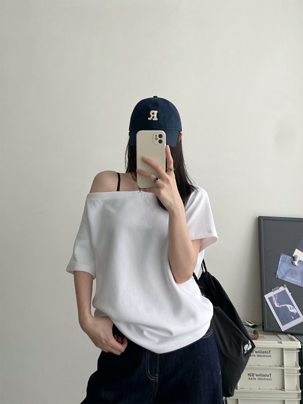 Summer Off-Shoulder Loose Fit Two-Way T-Shirt for Women - Slim-Fit Short Sleeve Top in Sun Grapefruit - Casual 90s Style