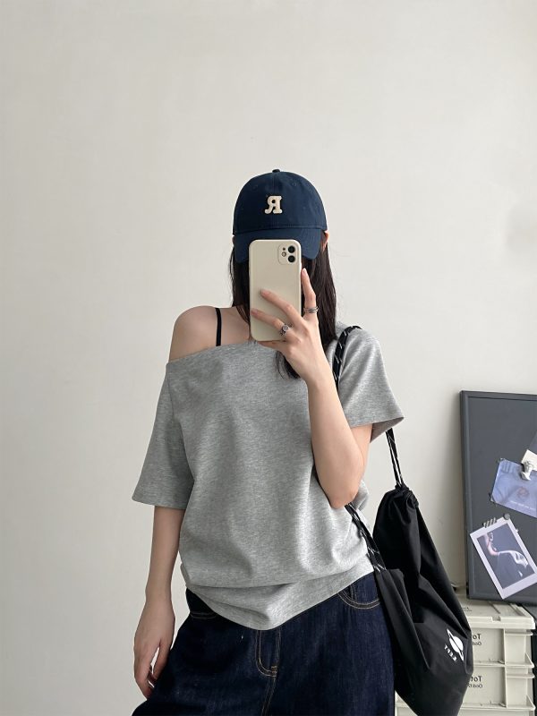 Summer Off-Shoulder Loose Fit Two-Way T-Shirt for Women - Slim-Fit Short Sleeve Top in Sun Grapefruit - Casual 90s Style