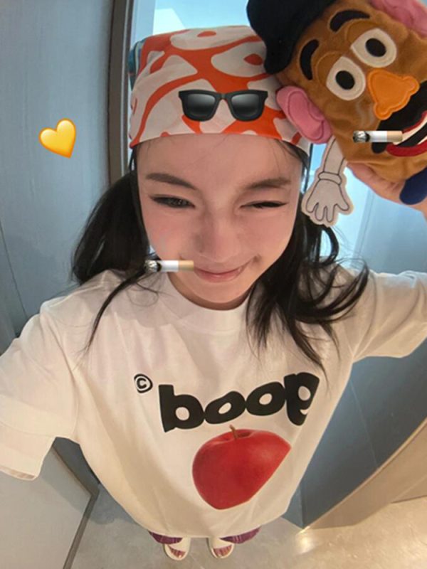 Summer Oversized Apple Print T-Shirt for Women - Casual Round Neck Heavyweight Short Sleeve Top, American Style Fashion