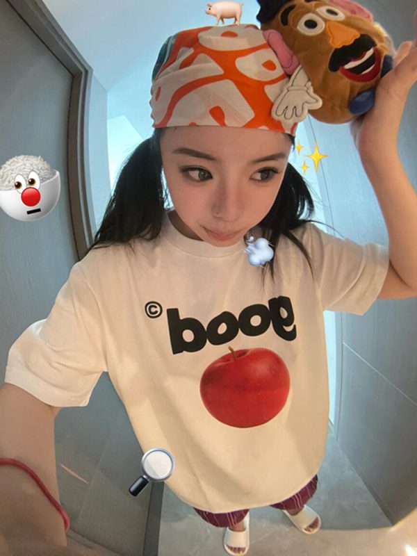 Summer Oversized Apple Print T-Shirt for Women - Casual Round Neck Heavyweight Short Sleeve Top, American Style Fashion