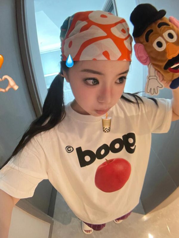Summer Oversized Apple Print T-Shirt for Women - Casual Round Neck Heavyweight Short Sleeve Top, American Style Fashion