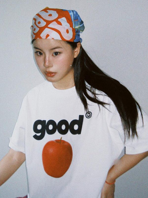 Summer Oversized Apple Print T-Shirt for Women - Casual Round Neck Heavyweight Short Sleeve Top, American Style Fashion