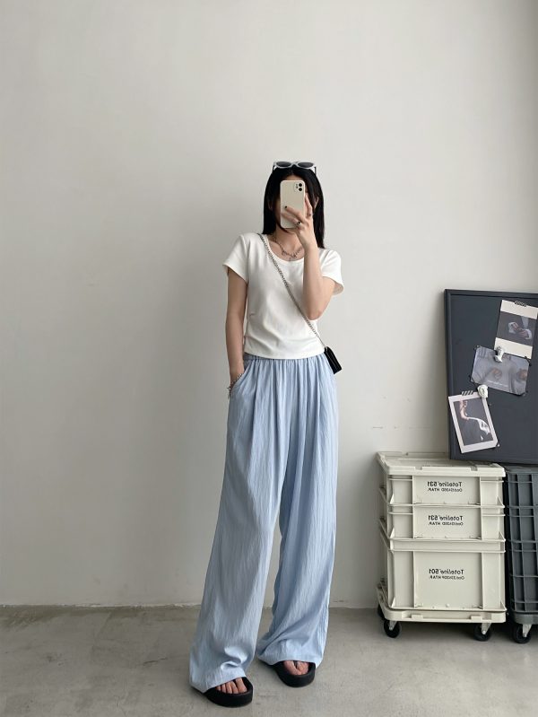 Summer Oversized Pleated Design U-Neck T-Shirt for Women - Slimming White Short Sleeve Top with Sun Grapefruit Pattern
