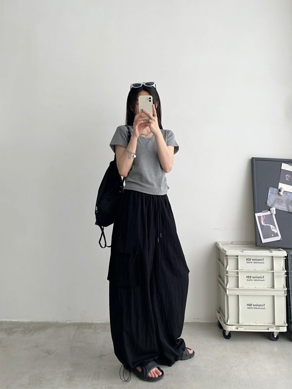 Summer Oversized Pleated Design U-Neck T-Shirt for Women - Slimming White Short Sleeve Top with Sun Grapefruit Pattern