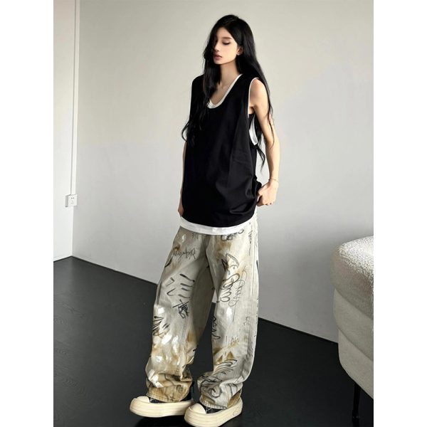 Summer Patchwork Sleeveless T-shirt Vest for Women, Loose American Street Style Two-Piece Top, Trendy Casual Fashion
