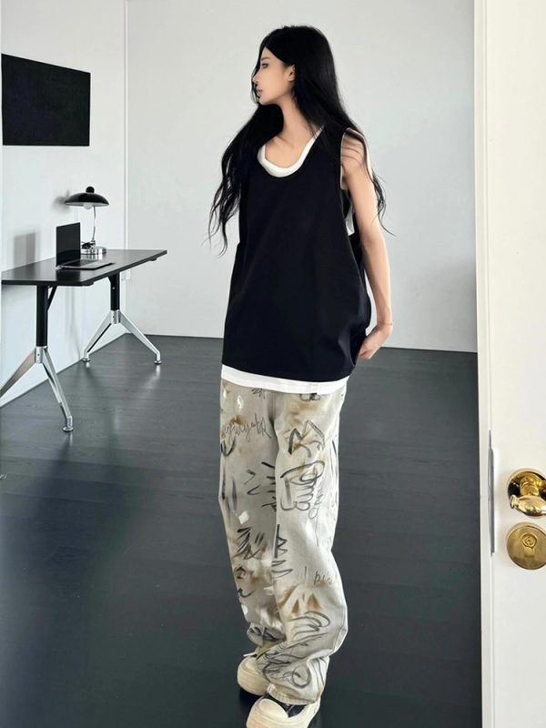 Summer Patchwork Sleeveless T-shirt Vest for Women, Loose American Street Style Two-Piece Top, Trendy Casual Fashion