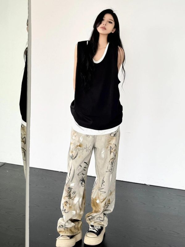 Summer Patchwork Sleeveless T-shirt Vest for Women, Loose American Street Style Two-Piece Top, Trendy Casual Fashion