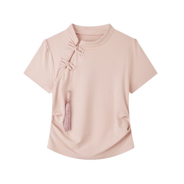 Summer Pink Cropped T-Shirt for Women, Chinese-Style Buttoned Short Sleeve, Slim-Fit Waist-Defining Top, American Fashion