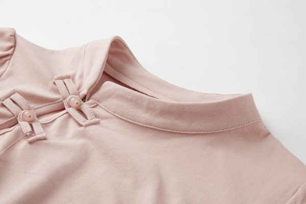 Summer Pink Cropped T-Shirt for Women, Chinese-Style Buttoned Short Sleeve, Slim-Fit Waist-Defining Top, American Fashion