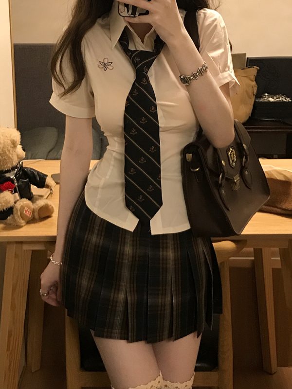 Summer Plaid Pleated Skirt for Women - Chuan Tea JK Uniform Short Skirt, Cute Pudding Bear Design, School Style Fashion