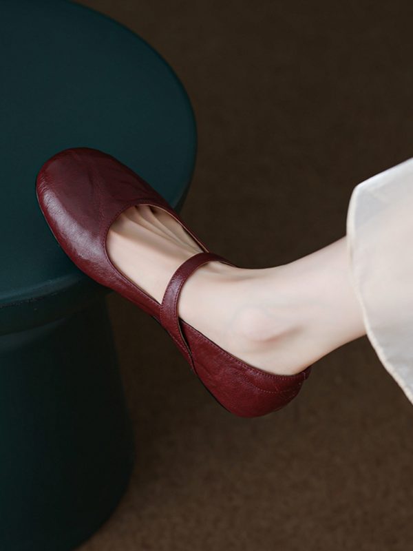 Summer Red Flat Hidden Height Mary Jane Shoes for Women, Small Lambskin, Shallow Mouth, Large Size 41-42, Trendy Summer Footwear