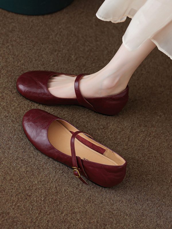 Summer Red Flat Hidden Height Mary Jane Shoes for Women, Small Lambskin, Shallow Mouth, Large Size 41-42, Trendy Summer Footwear