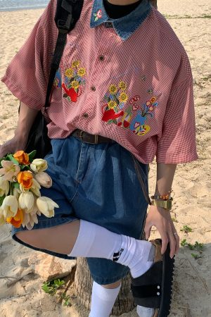 Summer Retro Fun Floral Embroidery Shirt with Denim Collar - Short Sleeve Plaid Top for Couples, Y2K Style Fashion