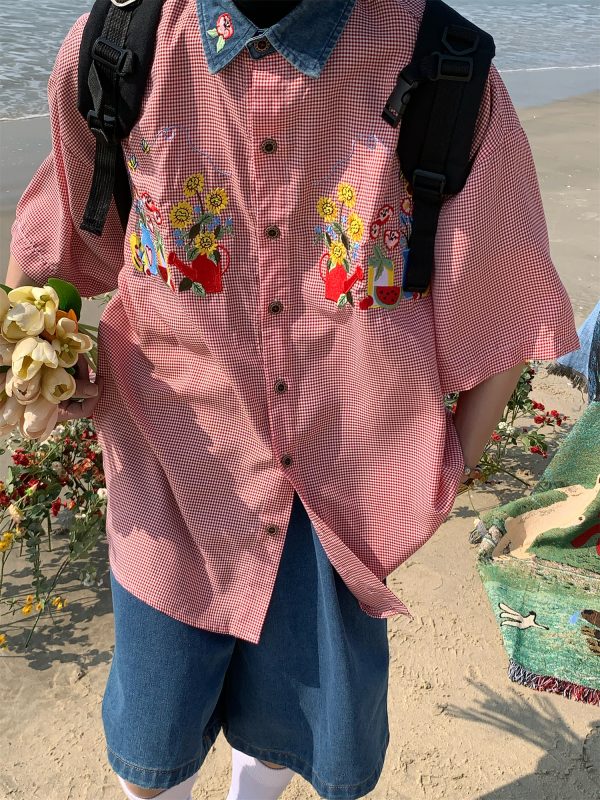 Summer Retro Fun Floral Embroidery Shirt with Denim Collar - Short Sleeve Plaid Top for Couples, Y2K Style Fashion