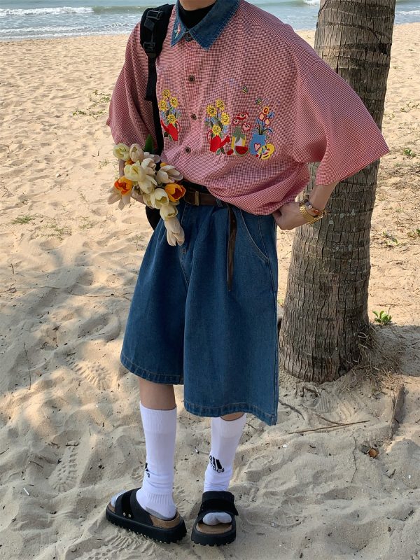Summer Retro Fun Floral Embroidery Shirt with Denim Collar - Short Sleeve Plaid Top for Couples, Y2K Style Fashion