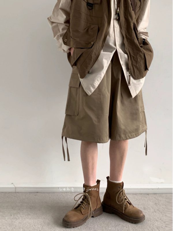 Summer Retro Khaki Cargo Shorts for Men and Women - Oversized Loose Multi-Pocket Straight Five-Point Pants