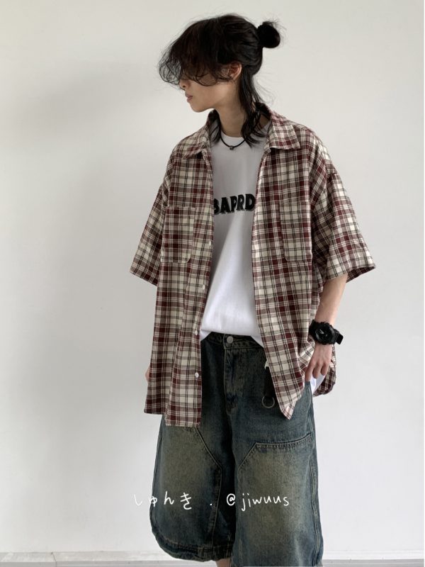 Summer Retro Plaid Short Sleeve Shirt for Men and Women - Casual Loose Fit College Style Work Shirt