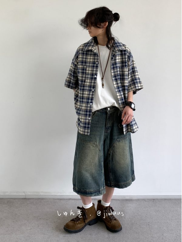 Summer Retro Plaid Short Sleeve Shirt for Men and Women - Casual Loose Fit College Style Work Shirt
