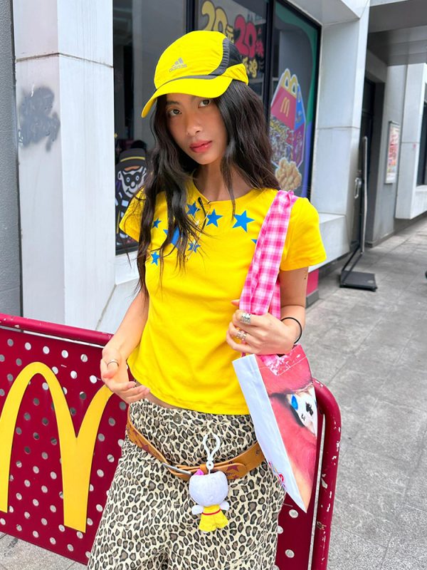 Summer Short-Sleeve T-Shirt for Women with Pentagram Print, Fitted ABG Style, Trendy Y2K Aesthetic