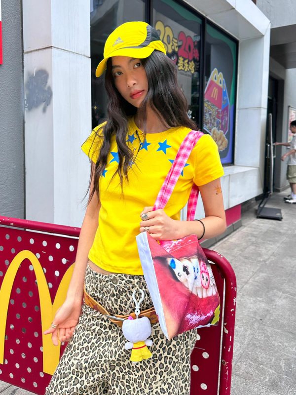 Summer Short-Sleeve T-Shirt for Women with Pentagram Print, Fitted ABG Style, Trendy Y2K Aesthetic