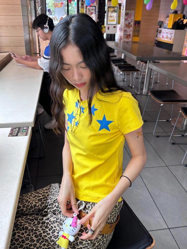 Summer Short-Sleeve T-Shirt for Women with Pentagram Print, Fitted ABG Style, Trendy Y2K Aesthetic