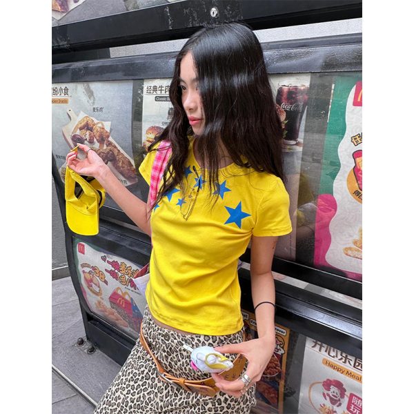 Summer Short-Sleeve T-Shirt for Women with Pentagram Print, Fitted ABG Style, Trendy Y2K Aesthetic