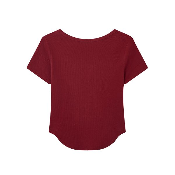 Summer Slim Fit Red Short-Sleeved T-Shirt for Women, Stylish Elegant Shoulder Top, Casual Everyday Wear