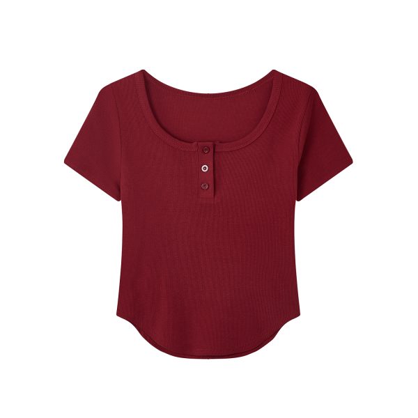 Summer Slim Fit Red Short-Sleeved T-Shirt for Women, Stylish Elegant Shoulder Top, Casual Everyday Wear