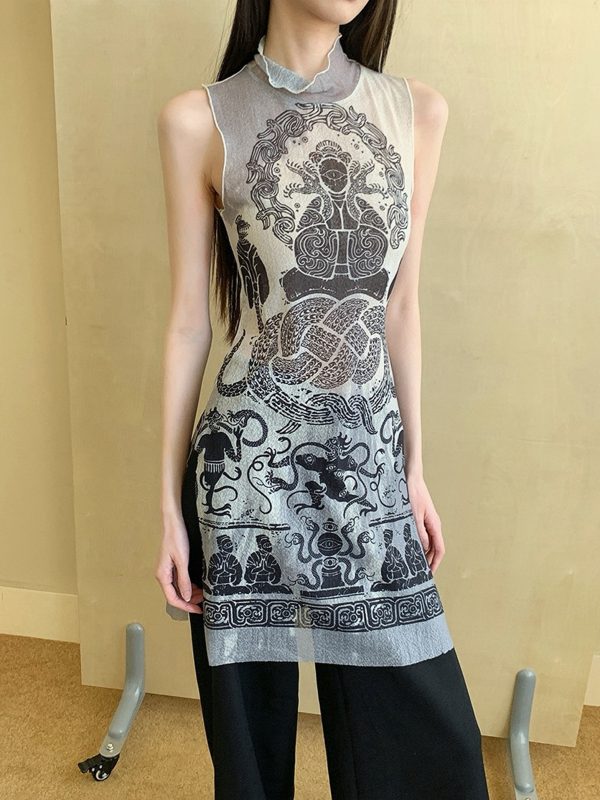 Summer Snake Print High-Elastic Mesh Vest - Trendy Single-Layer Top for a 90s-Inspired Look