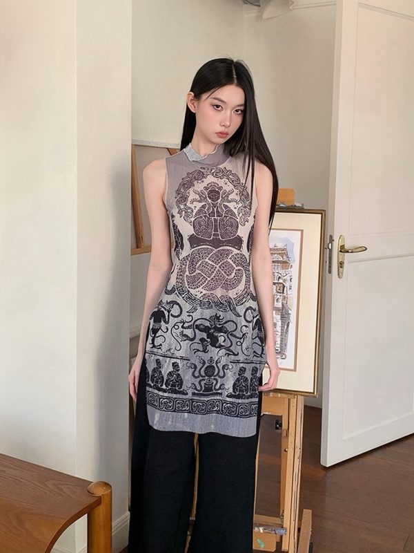 Summer Snake Print High-Elastic Mesh Vest - Trendy Single-Layer Top for a 90s-Inspired Look
