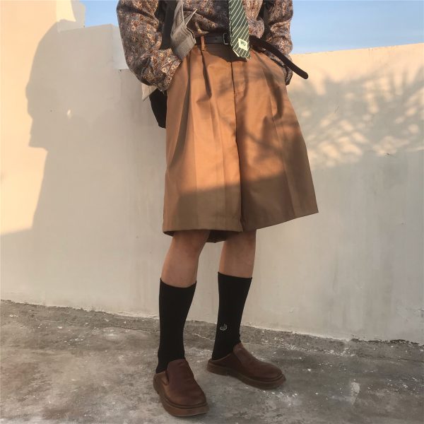 Summer Solid Color Loose High Waist Five-Point Pants - Versatile Retro Korean Style Casual Trousers for Men and Women