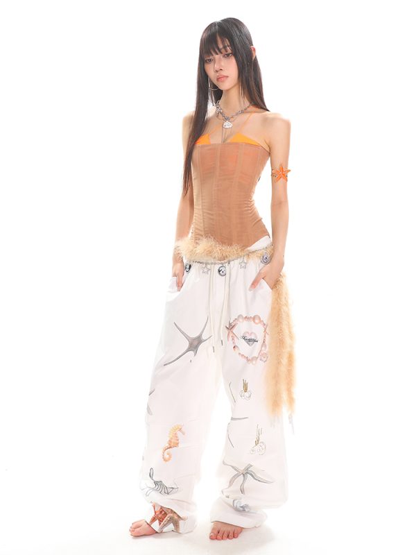 Summer Starfish Shell Print Casual Straight Pants for Work - American Design, Trendy and Comfortable, Perfect for Everyday Wear