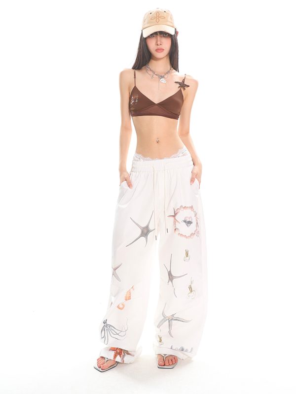 Summer Starfish Shell Print Casual Straight Pants for Work - American Design, Trendy and Comfortable, Perfect for Everyday Wear