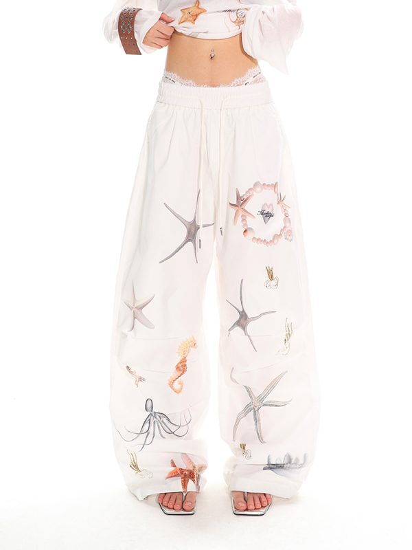 Summer Starfish Shell Print Casual Straight Pants for Work - American Design, Trendy and Comfortable, Perfect for Everyday Wear
