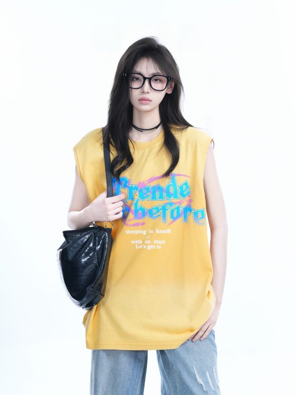 Summer Tie-Dye Gradient Sleeveless T-Shirt for Women, Loose Fit with Shoulder Straps, Trendy Casual Style