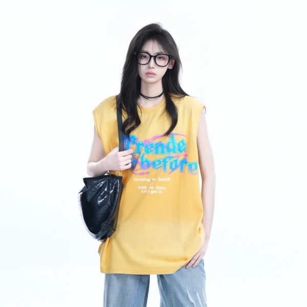 Summer Tie-Dye Gradient Sleeveless T-Shirt for Women, Loose Fit with Shoulder Straps, Trendy Casual Style