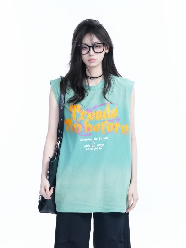 Summer Tie-Dye Gradient Sleeveless T-Shirt for Women, Loose Fit with Shoulder Straps, Trendy Casual Style
