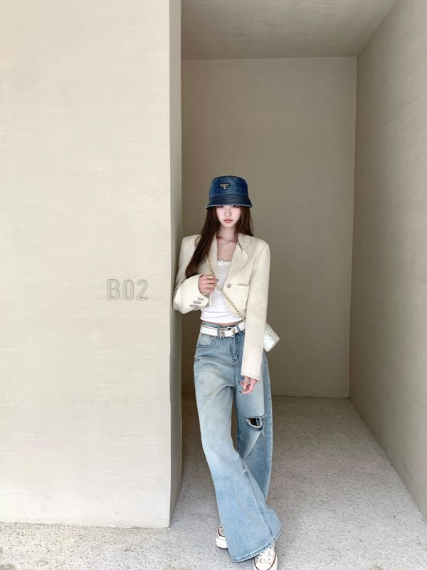 Summer Wash Blue Cat Whisker Ripped Loose Wide-Leg Jeans for Women - Trendy Y2K Style, Casual Chic Denim Pants