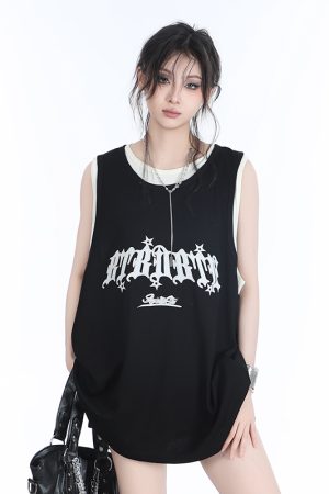 Summer Women's Loose Sports Sleeveless Top - Embroidered Fake Two-Piece Vest with Sit and Eat Until the Mountains Are Empty Design