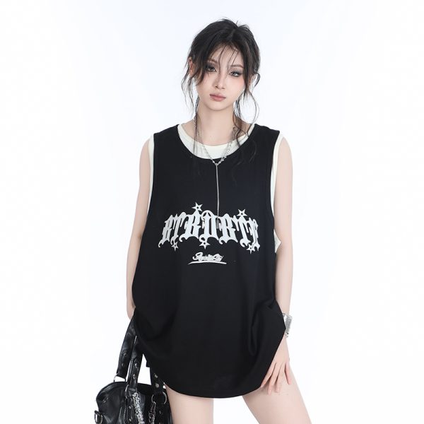 Summer Women's Loose Sports Sleeveless Top - Embroidered Fake Two-Piece Vest with Sit and Eat Until the Mountains Are Empty Design